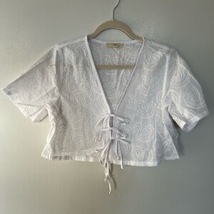 NLT paisley white eyelet tie blouse